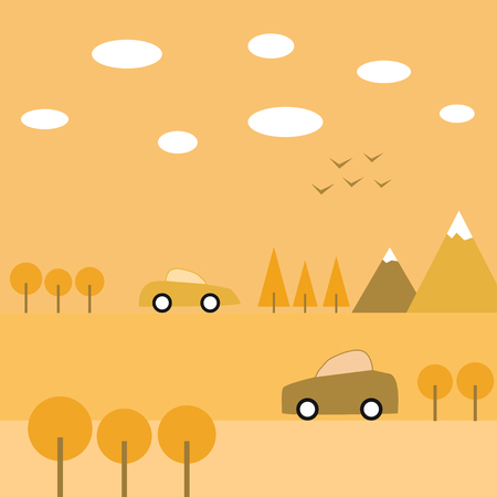 Autumn journey by car and boat. Flat designのイラスト素材