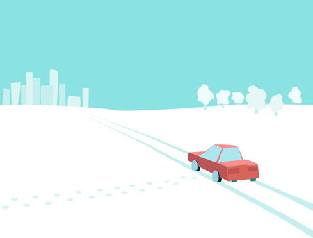 the car is in the countryside in winterのイラスト素材
