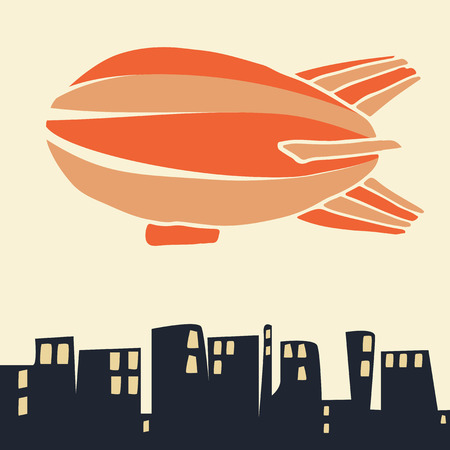 Airship in sky, flying over the city. Flat illustrationのイラスト素材