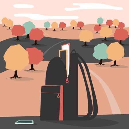backpack, smartphone on mountain landscape. vector illustrationのイラスト素材