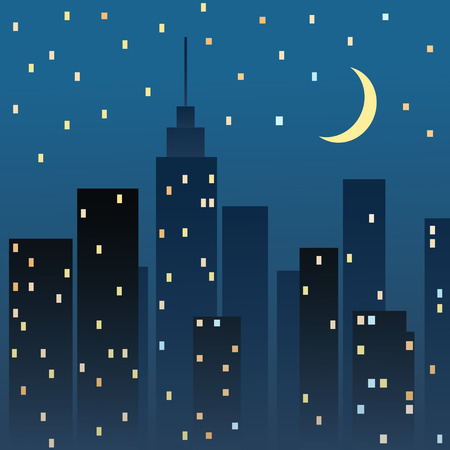 Night cityscape. Vector illustration. Skyscrapers in the city centerのイラスト素材