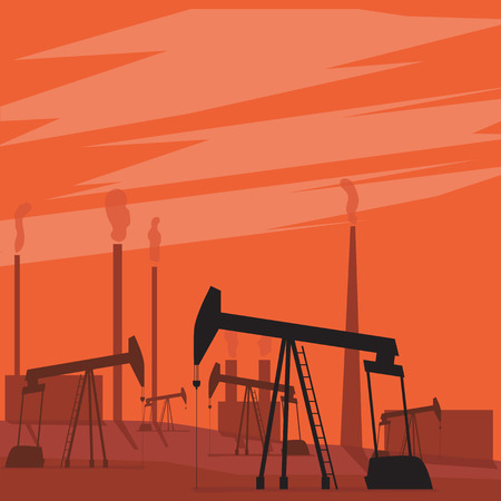 Oil pumps in the field. Pump oil. Landscape with sunsetのイラスト素材