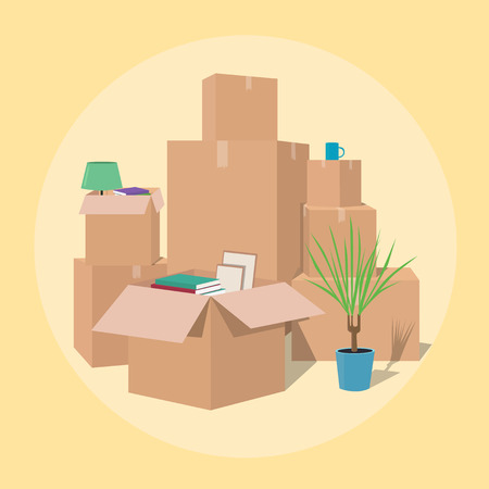 Moving with boxes. Boxes with things. Transport company. Open boxのイラスト素材