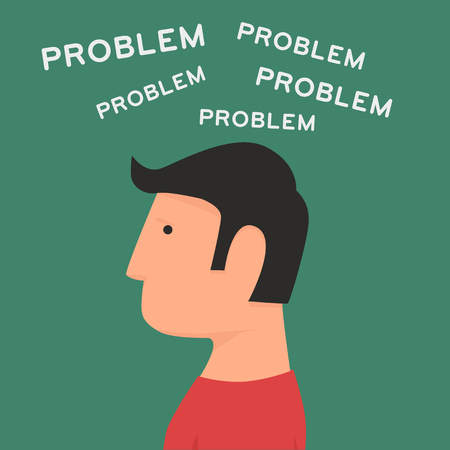 Confused Man. Headache. Thinking about problems. Search out of troubleのイラスト素材