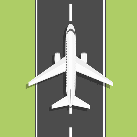 Aircraft is on the ground. View from above. White airplane rides on the runwayのイラスト素材