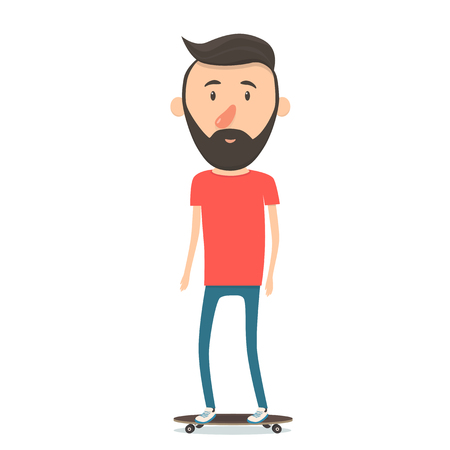 Hipster on longboard. Vector cartoon illustration. Bright person. Modern manのイラスト素材