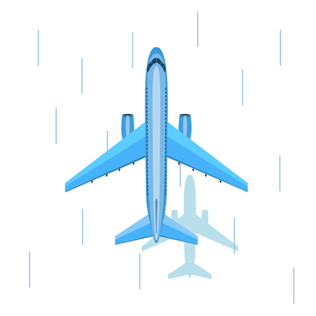 Airplane flies in the sky over snow. View from above. Airliner. View from above. Blue airplane. Fast jetのイラスト素材