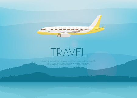 Airplane flies in the sky. Side view. Airliner. White airplane. Fast jet. Cartoon vector illustration. Cloudy day.のイラスト素材