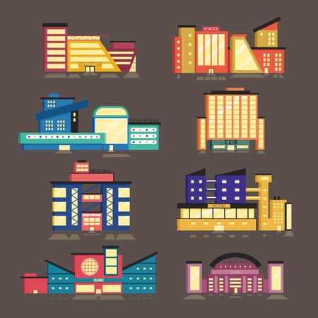 Set of public buildings. Modern architecture. Flat vector illustration. Downtown. Vintage style. Constructionismのイラスト素材