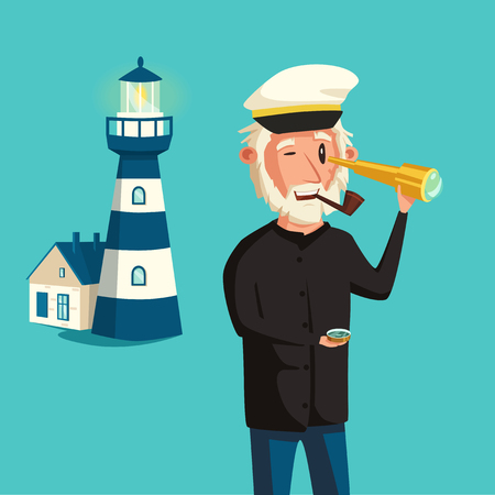 Sailor man character. Vector cartoon illustration. Old captain. Happy seaman. Vintage styleのイラスト素材