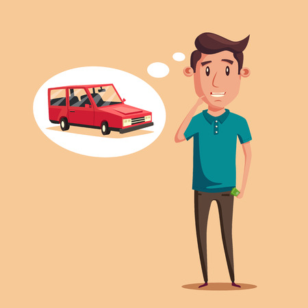 Man thinking of choice. Money for spending. Vectro cartoon illustration. Character design. Cute person. Good idea.のイラスト素材