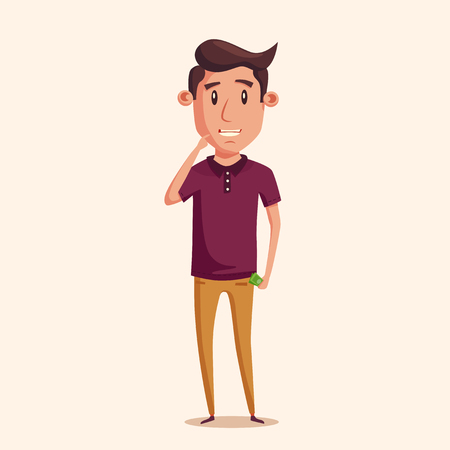 Man thinking of choice. Money for spending. Vectro cartoon illustration. Character design. Cute person. Good idea.のイラスト素材