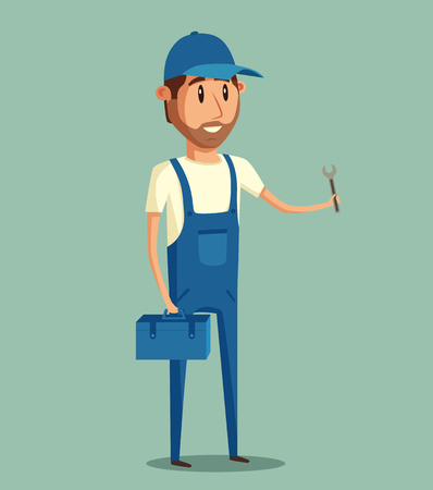 Car repair. Car service. Vector cartoon illustration. Mechanic repairs car in the garage. Auto repair shop. Funny mechanic. Professional worker.のイラスト素材