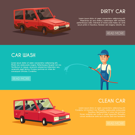 Car washing service. Vector cartoon illustration. Worker washing a car. Spraying water from the hose. Car wash specialist in uniformのイラスト素材