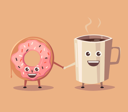 Pink donut and coffee character. Cartoon vector illustration. Friends. Good morning. Sweet bakery. Vintage styleのイラスト素材