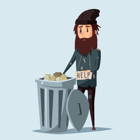 Sad unemployed beggar. Homeless. Man in dirty rags. Character in torn clothes. Human holding signのイラスト素材