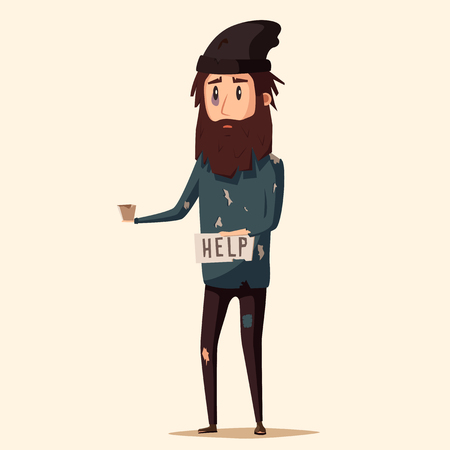 Sad unemployed beggar. Homeless. Man in dirty rags. Character in torn clothes. Human holding signのイラスト素材