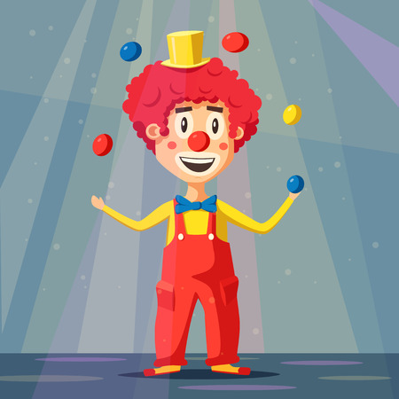 Happy circus clown. Cartoon vector illustration. Man juggling balls. Circus show. Vintage style.のイラスト素材