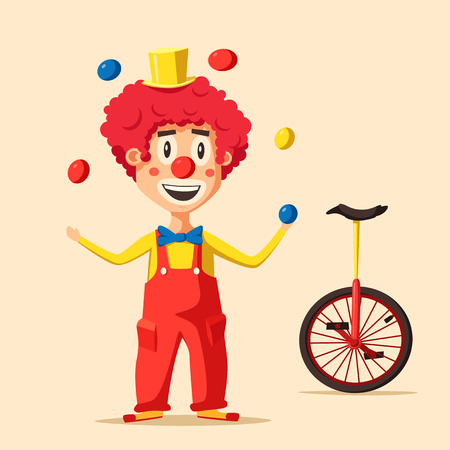 Happy circus clown. Cartoon vector illustration. Man juggling balls. Circus show. Vintage style.のイラスト素材