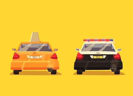 Police and Taxi car. cartoon illustration. Isolated background. American transport. Service. Back view. Modern auto. Yellow cab. Security and justiceのイラスト素材