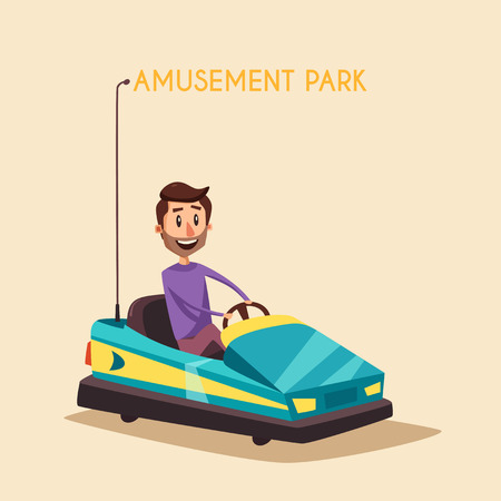 Amusement park. Cartoon illustration. Vintage style. Set of attractions. Dodgem car. Good emotionsのイラスト素材