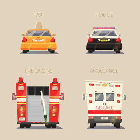 Police, Taxi, Ambulance car and Fire truck. cartoon illustration. Isolated background. Service. Back view. Modern auto. Yellow cab. Security and justice. Healthcare theme Save lifeのイラスト素材