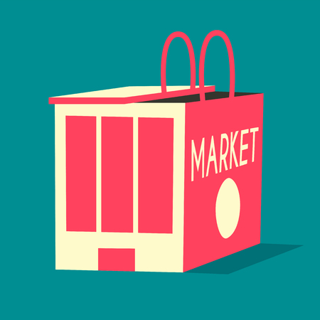 Online shopping and e-commerce concept. Vector flat illustration. Isolated on background. Metaphor. Market and shopping bagのイラスト素材