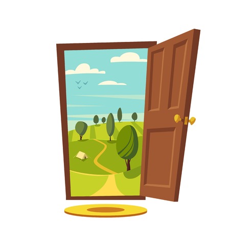 Open door. Valley landscape. Cartoon vector illustration. Vintage poster. Welcome to real world. Retro styleのイラスト素材