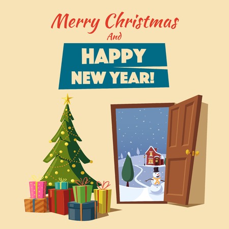 Open door. Winter landscape. Cartoon vector illustration. Merry Christmas and Happy New Year. Vintage poster. Decorative tree and giftsのイラスト素材