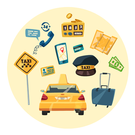 Taxi service. Cartoon vector illustration. Order and payment. Public auto transport banner. Landing and trip. Car in the city.のイラスト素材