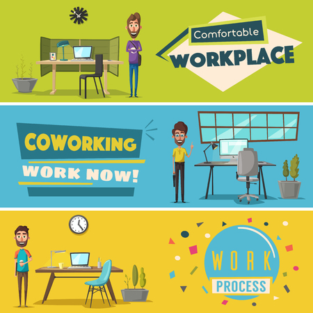 Modern workplaces. Creative characters. Office work. Cartoon vector illustrationのイラスト素材