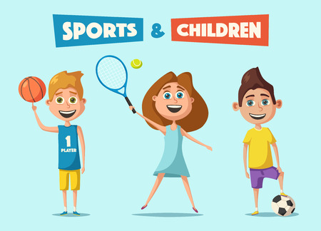 Little basketball, tennis and football players. Cartoon vector illustrationのイラスト素材