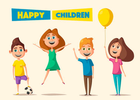 Children character. Cartoon vector illustration. Happy girls. Sisters or friends. Positive emotions. Friendly kidsのイラスト素材