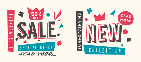 Sale banners. Bright and retro style. Cartoon vector illustration.のイラスト素材