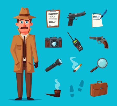 Funny detective character. Cartoon vector illustration. Cheerful inspector in raincoat. Man in hat.の写真素材
