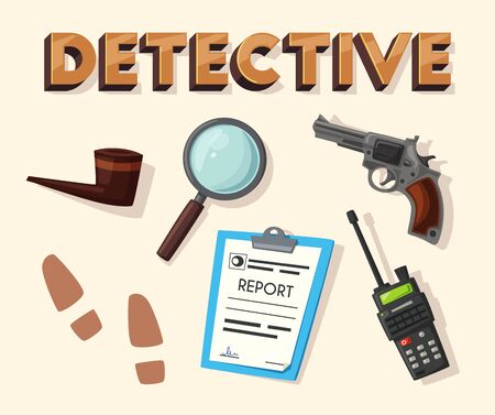 Detective tools. Cartoon vector illustration. Necessary things for work. Gun and other objects. Tipographic. Design for banners and posters.の写真素材