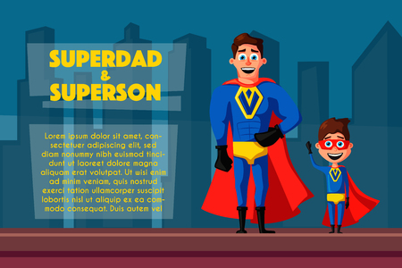 Superhero with son. Cartoon vector illustrationのイラスト素材