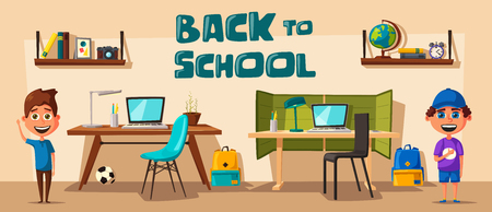 Schoolboy learns lessons at home. Cartoon vector illustration. Comfortable place. Creative interior. Room of childのイラスト素材