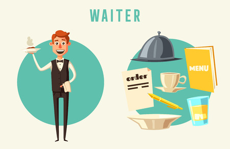 Funny waiter, cute character. Vector cartoon illustrationのイラスト素材