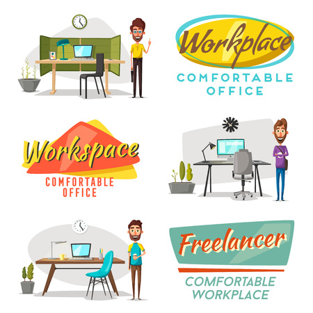Modern workplaces. Creative characters. Office work. Cartoon vector illustration. Designer workspace. Furniture in interior. For web and banner.のイラスト素材