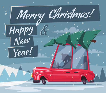 Man is driving a vintage car with christmas tree on the roof. Cartoon vector illustrationのイラスト素材