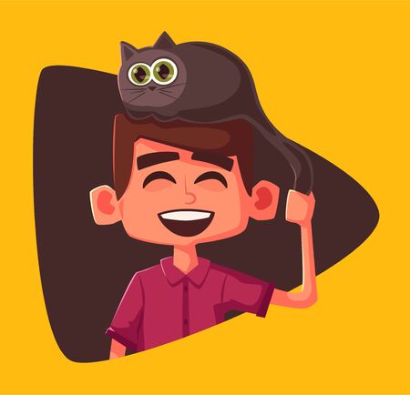 Cute kid and funny cat. Cartoon vector illustrationのイラスト素材