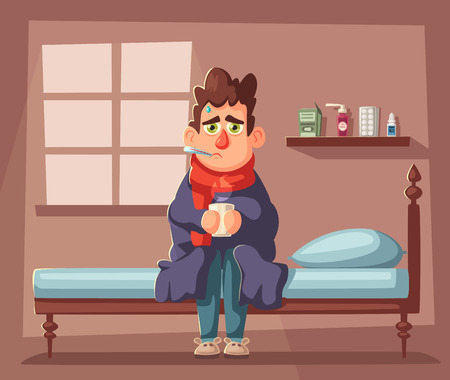 Sick man. Unhappy character. Vector cartoon illustration. Man with cup of tea in hand. Season allergy. Person in scarf with thermometer in his mouth. Winter fluのイラスト素材