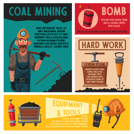 Coal mining. Miner character and tools. Cartoon vector illustrationのイラスト素材