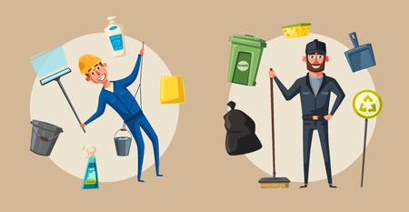 Cleaning staff character with cleaning equipment. Cartoon vector illustration. Cleaning company, service. Man in uniform. Professional cleaner.のイラスト素材