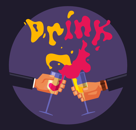 Chin-chin. Clinking glasses with alcohol and toasting, drink party. Cartoon flat vector illustration. Best friends, or coworkers. Celebration and fun. Hang out. Alcohol splashの写真素材