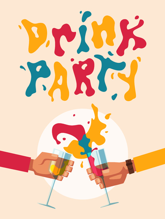 Chin-chin. Clinking glasses with alcohol and toasting, drink party. Cartoon flat vector illustrationのイラスト素材