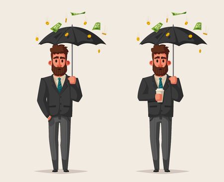 Successful, happy businessman in a suit with umbrella. Cartoon vector illustration.のイラスト素材
