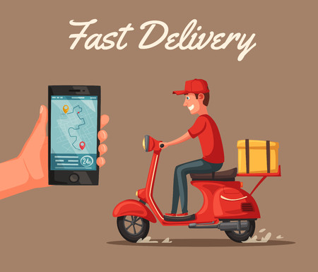 Fast and free delivery. Vector cartoon illustration. Vintage style. Food service. Red scooter. Retro bike. For banners and posters.のイラスト素材