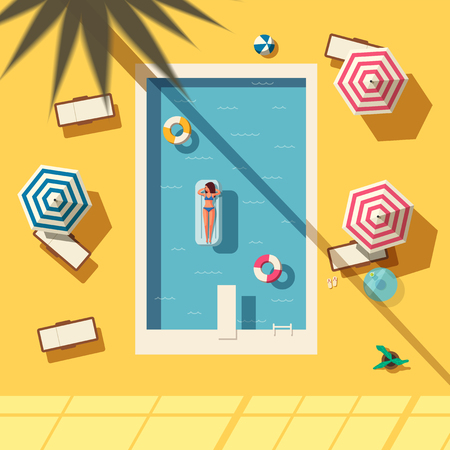 Hello summer. Swimming pool. Flat vector illustration. Concept of recreation with chairs lounges, parasol umbrellas. Bright design. Leisure activity. Swimming and relaxingのイラスト素材